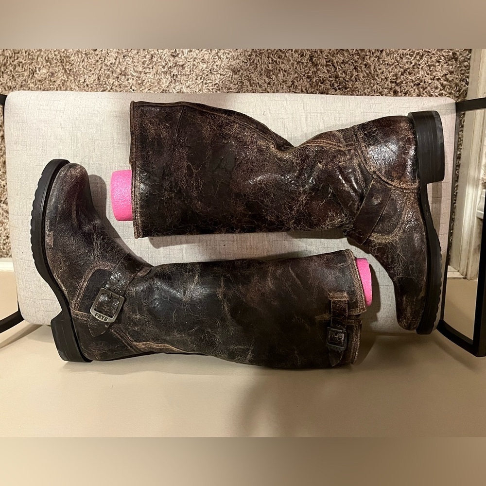 Frye Veronica Slouch Knee High Distress Leather Boot Chocolate Crackle, size 8 - Picture 4 of 10